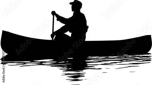 Man canoeing or riding boat silhouette vector