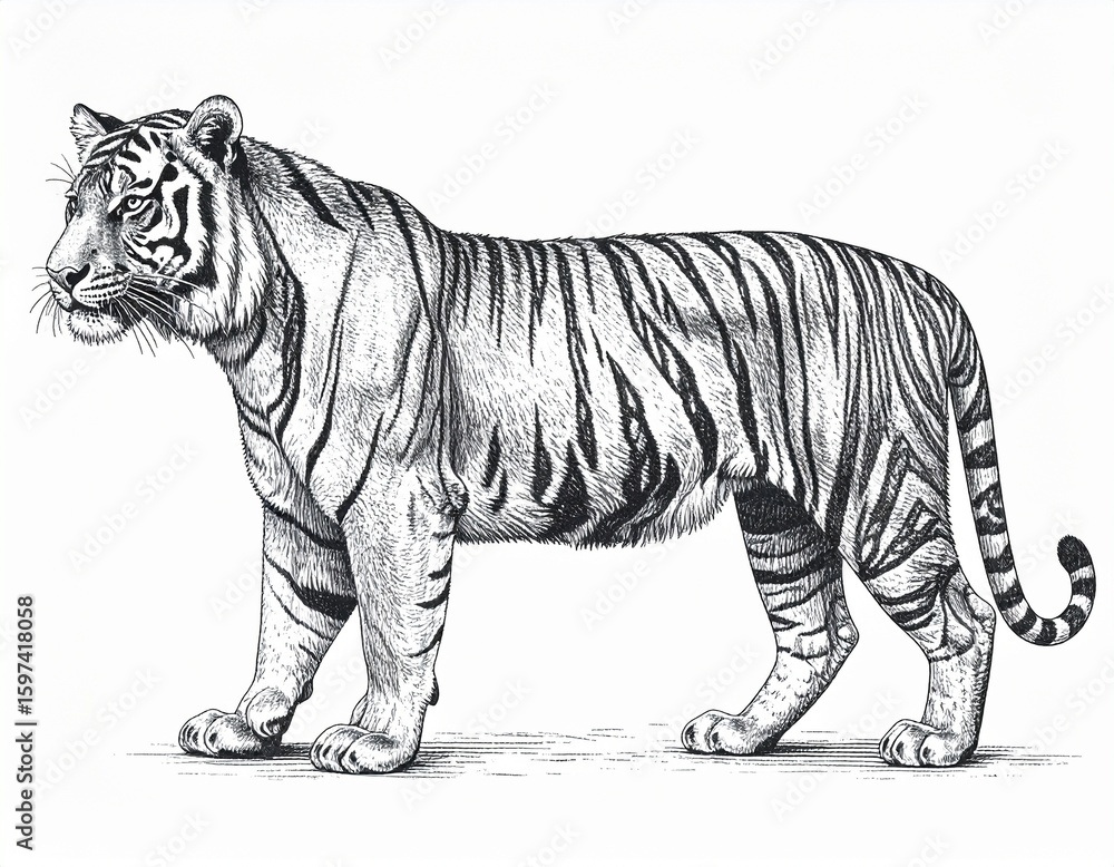 Obraz premium Detailed Pencil Engraving of a Bengal Tiger: Vintage Hand-Drawn Wildlife Illustration