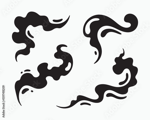Four stylized black smoke or ink swirls on a white background in a simple graphic illustration style
