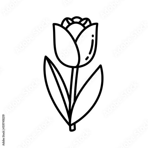 Minimal black outline tulip flower with leaves