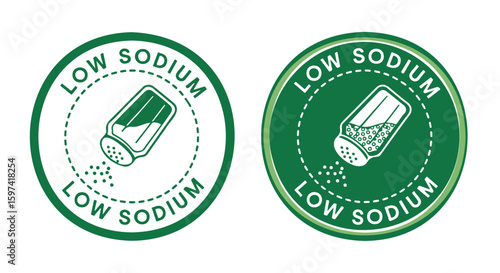 Low sodium label with salt shaker on white background
