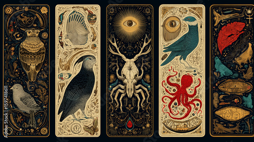 Artistic card template presented flat from top view with eclectic collage design blending antique prints, hand-drawn graffiti, featuring whimsical flora-fauna-mineral elements and dynamic human 