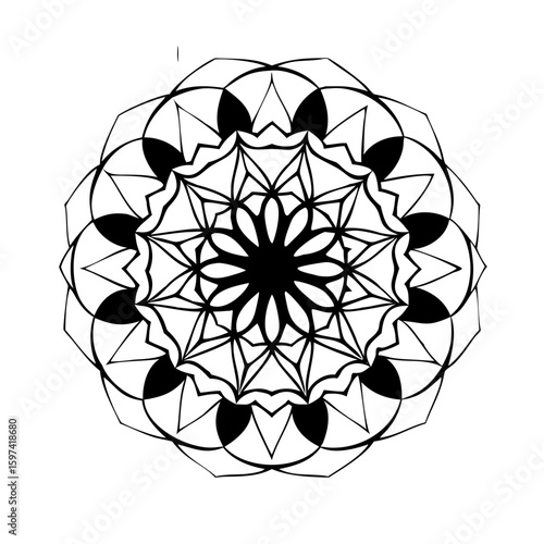 Elaborate mandala design with intricate lines, shapes and black fills. This mandala artwork showcases complex patterns and careful linework to create an eye-catching design.
