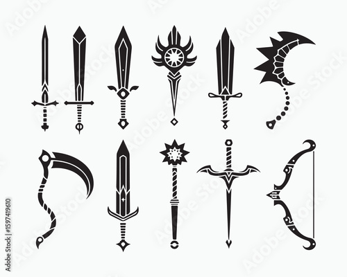Sword silhouette collection, swords vector illustration. Medieval sword, dagger, cross guard. Black weapon designs, different shapes and styles isolated on white background 