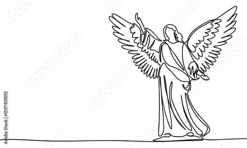 Angel One Line Continuous. Statue of Angel Line Art. Outline Silhouette Angel. Vector Art.