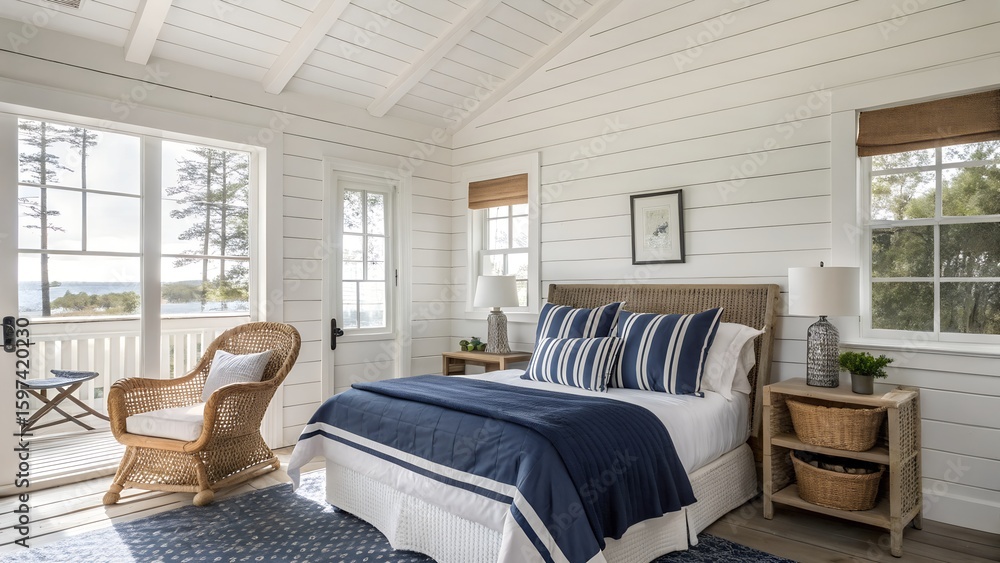 Fototapeta premium Coastal Bedroom with White Shiplap Walls and Blue Accents
