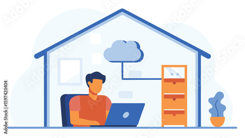 Person working on laptop at home with cloud connected to cabinet in a bright and modern setting