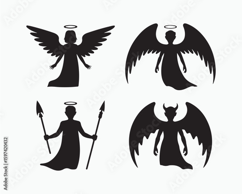 Four black silhouettes of angels and a devil on a white background in a square arrangement