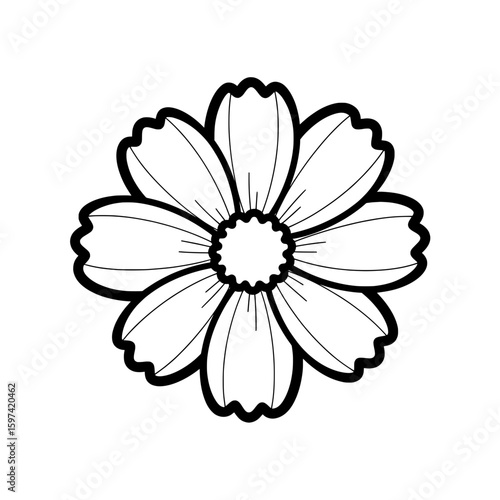 Simple black outline flower with detailed petals for design