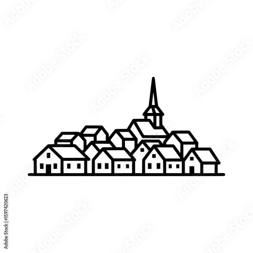 Stylized outline of a small village with church and houses