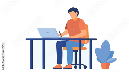 A person sitting at a desk working on a laptop with a plant next to the desk in a modern style