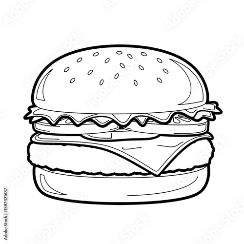 Line art of a hamburger with lettuce cheese and patty