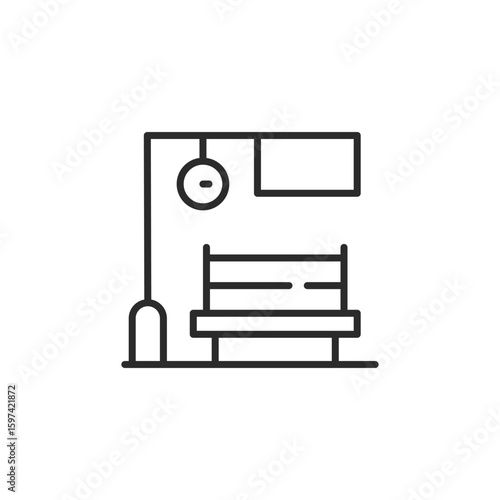 Train station platform icon. Simple train platform icon with bench clock and signboard for social media app and web design. Vector illustration