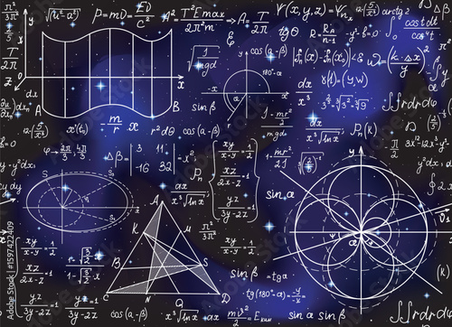 Scientific vector endless seamless pattern with math and physics formulas and calculations handwritten on the space background of stars
