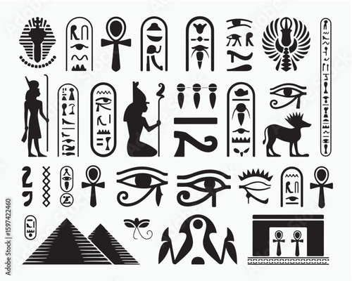 Collection of black and white egyptian hieroglyphs including ankhs eyes and pyramids on a white background