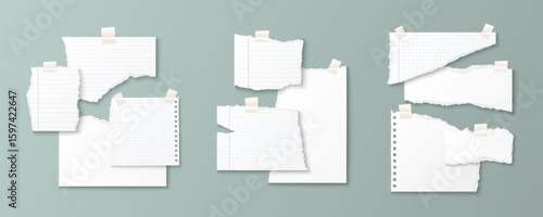 Torn paper realistic scrapbook elements - white ripped notebook sheet with tape, grid page and jagged edges. Blank memo scraps attached with adhesive tape for journaling, collage or memory book layout