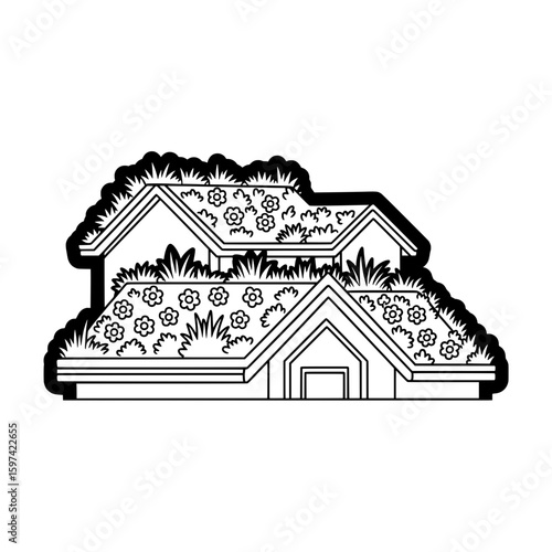 Stylized house with plants and flowers in outline