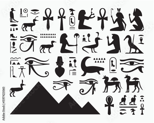 A collection of black and white egyptian hieroglyphs featuring pyramids, animals, and ankh symbols