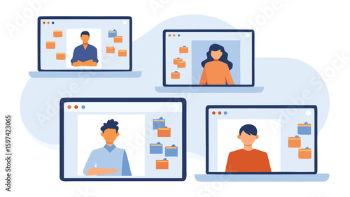 Four laptops displaying video conference calls with people and digital file icons visible on screens