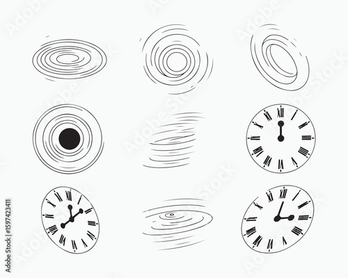 A graphic representation featuring abstract swirls and clock faces in black and white illustration