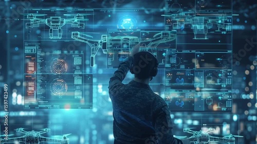 Futuristic Drone Control Center: An individual is immersed in controlling drones, within a cutting-edge command center environment, highlighted by advanced technology and real-time data