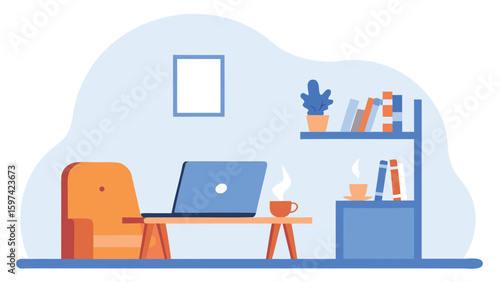 A cozy workspace featuring a laptop on a table chair and a bookshelf in a light blue room setting