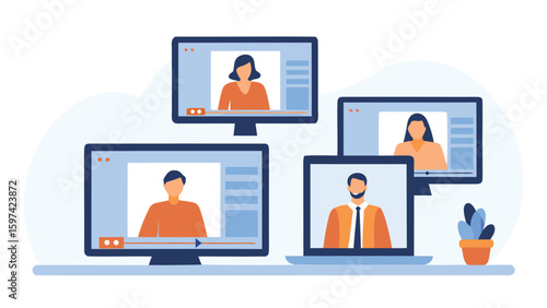 Illustration of multiple people in a video conference call on different screens and a potted plant