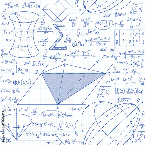 "Back to school" vector seamless background with scientific math and physics calculations, formulas and equations handwritten on copybook paper