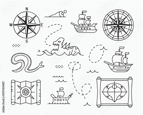 A collection of nautical themed line drawings including ships compasses and a sea monster illustration