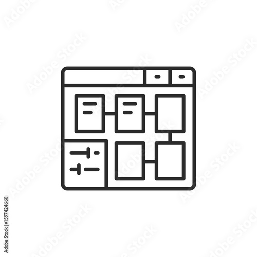 Framework icon. Simple vector icon representing UI/UX framework or web structure. Shows modular blocks, sliders and layout grid. Suitable for CMS, admin panels and web development. Vector illustration