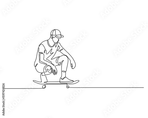 Continuous line drawing of a skateboarder in a crouch, riding with focus. Ideal for extreme sports posters and modern black and white illustrations.