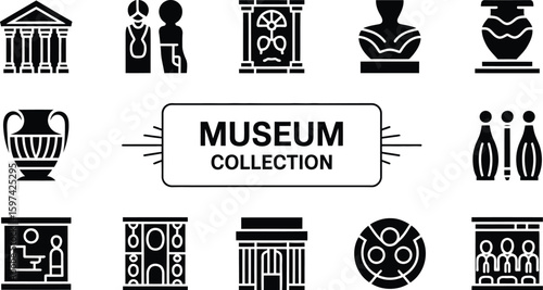A collection of black and white museum related icons in a vector format