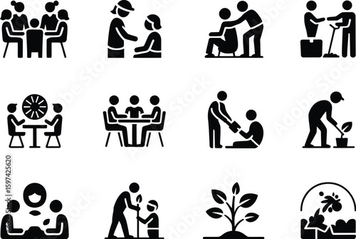 Twelve black silhouette icons depicting various social and caring activities