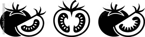 Black and white stylized tomato icons with slices fruit food