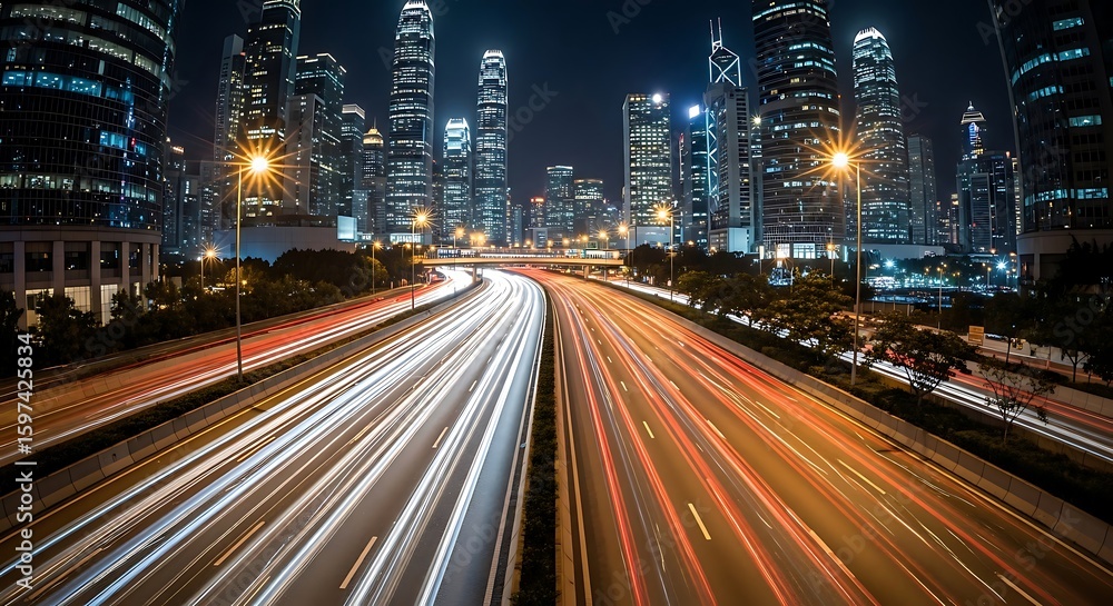 Naklejka premium Night cityscape with blurred light trails from vehicles on a highway, set against a backdrop of illuminated skyscrapers.