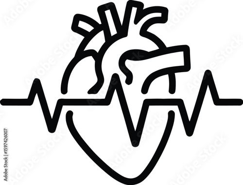 A black line drawing of a heart with a heartbeat line on a white background