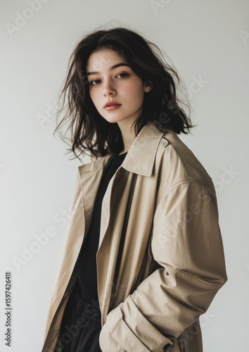 A photograph of a model posing coat photography background.