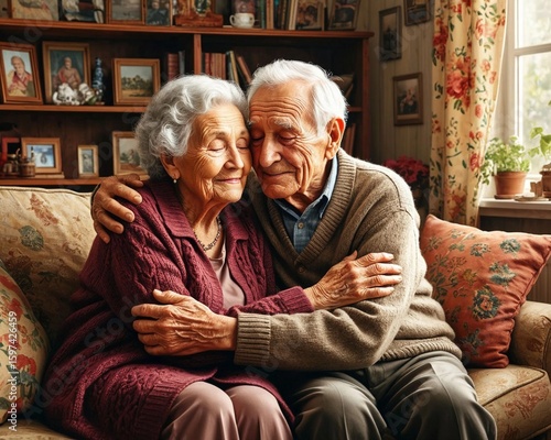 Elderly couple embracing on a floral-patterned couch in a cozy living room
