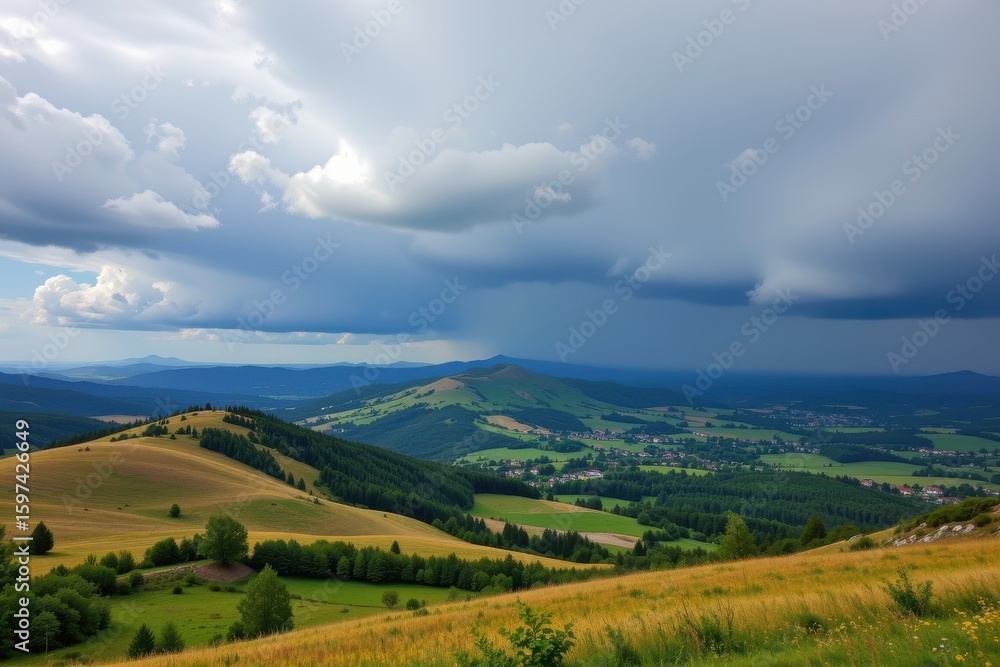 Fototapeta premium cloud accumulation above hills triggering localized afternoon showers natural rainfall influence by land