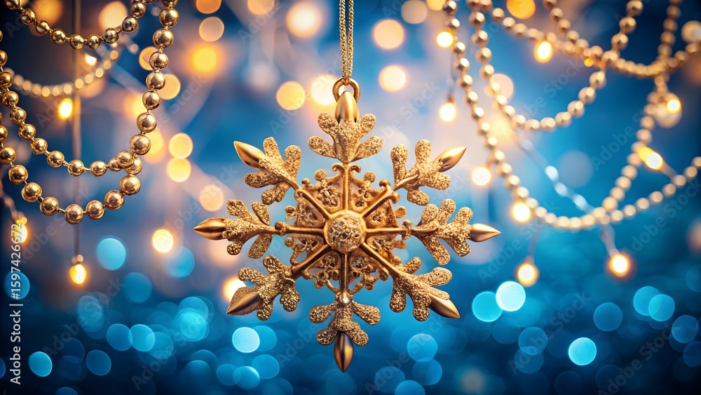 Golden Snowflake Ornament on Blue Bokeh Background Golden Snowflake Ornament on Blue Bokeh Background