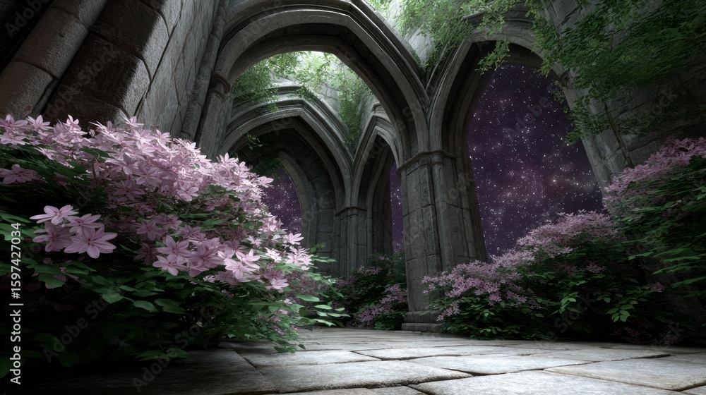 Fototapeta premium Ancient stone ruins with flowering plants against a starry night sky architecture