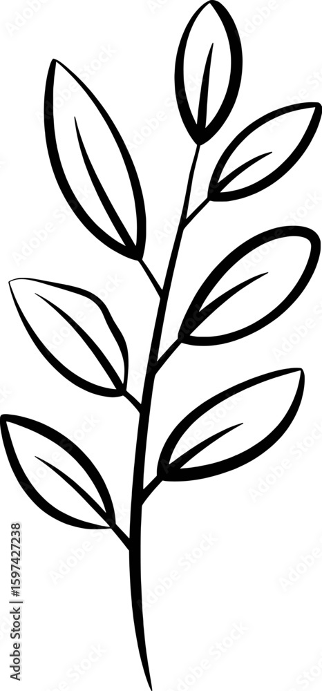 Naklejka premium Black ink drawing of a branch with oval leaves white