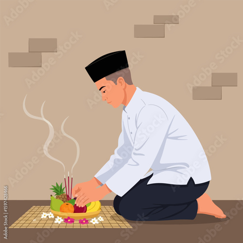 Praying Man Kneeling with Fruit Offering and Incense Sticks Indoors