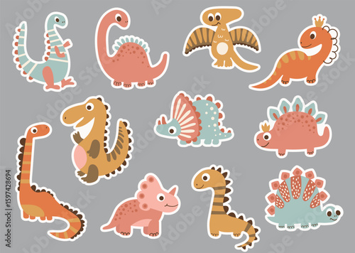 Cute Dinosaur Stickers. Hand Drawn Style

