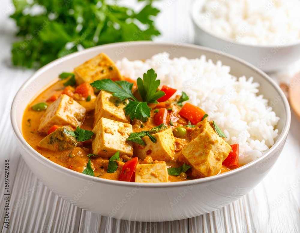 A bowl of vibrant Thai-style vegetable curry with coconut milk, tofu, and fresh cilantro, served with jasmine rice. A bowl of vibrant Thai-style vegetable curry with coconut milk, tofu, and fresh cilantro, served with jasmine rice.