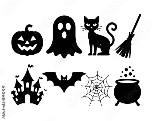 Collection of halloween icons including a pumpkin ghost cat broom castle bat spiderweb and cauldron silhouette isolated on white background