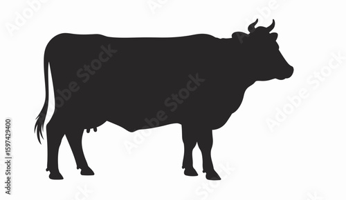 A detailed black silhouette of a cow standing majestically isolated on white background silhouette