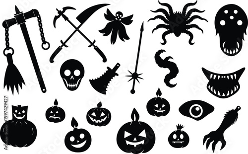 Collection of halloween icons silhouette isolated on transparent background