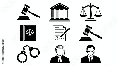 Collection of legal symbols including gavel scales courthouse document and handcuffs silhouette isolated on white background