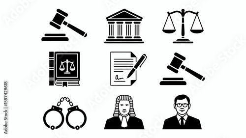Collection of legal icons featuring gavel scales courthouse law book handcuffs and judge silhouette isolated on white background